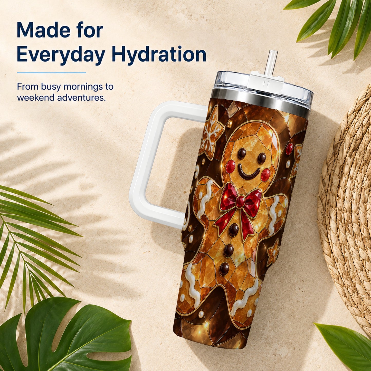 #pl[40oz|White] Stained Glass Gingerbread 40oz Tumbler with Handle, Holiday Cookie Design