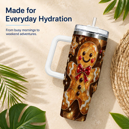 #pl[40oz|White] Stained Glass Gingerbread 40oz Tumbler with Handle, Holiday Cookie Design