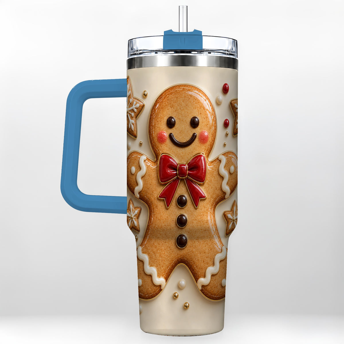 #pl[40oz|Blue] Classic Gingerbread 40oz Tumbler with Handle, Holiday Cookie Design