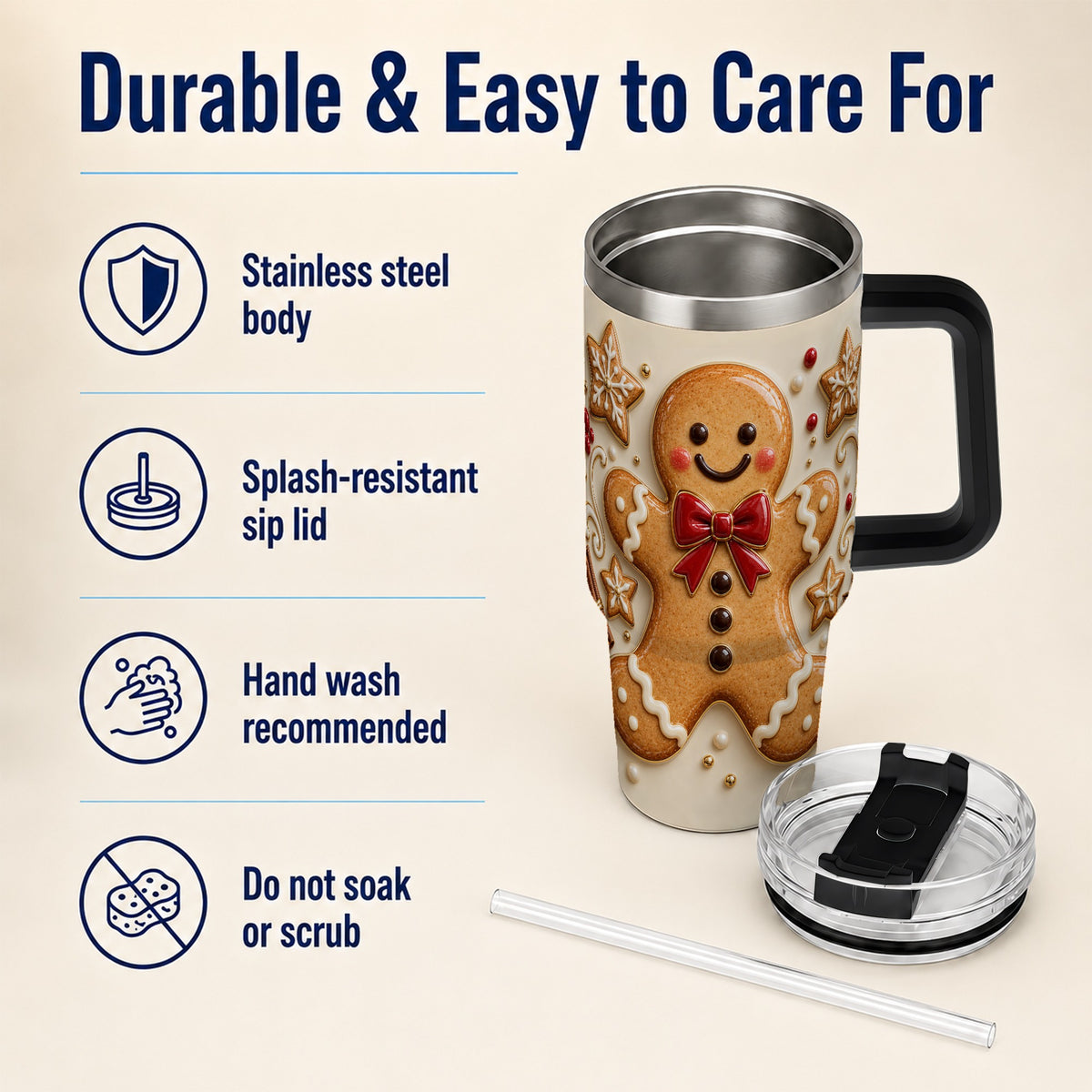 #pl[40oz|Black] Classic Gingerbread 40oz Tumbler with Handle, Holiday Cookie Design