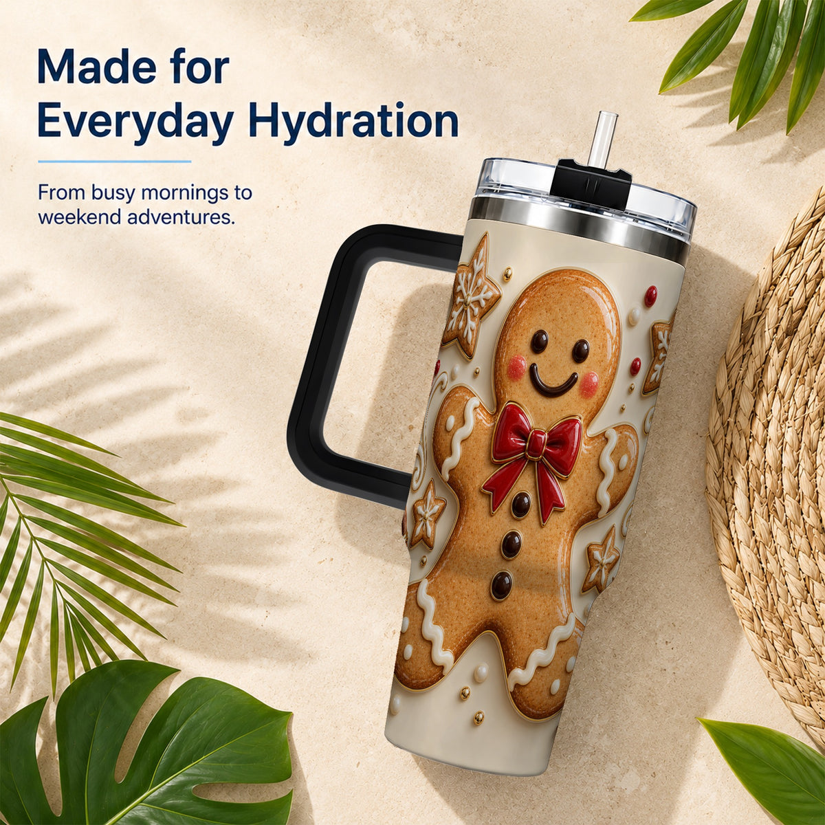 #pl[40oz|Black] Classic Gingerbread 40oz Tumbler with Handle, Holiday Cookie Design