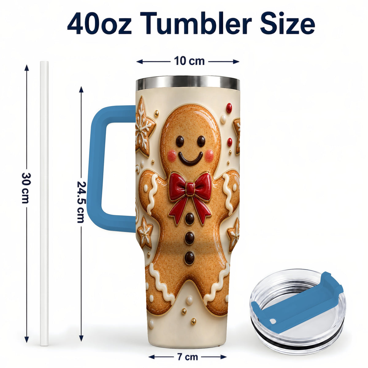 #pl[40oz|Blue] Classic Gingerbread 40oz Tumbler with Handle, Holiday Cookie Design
