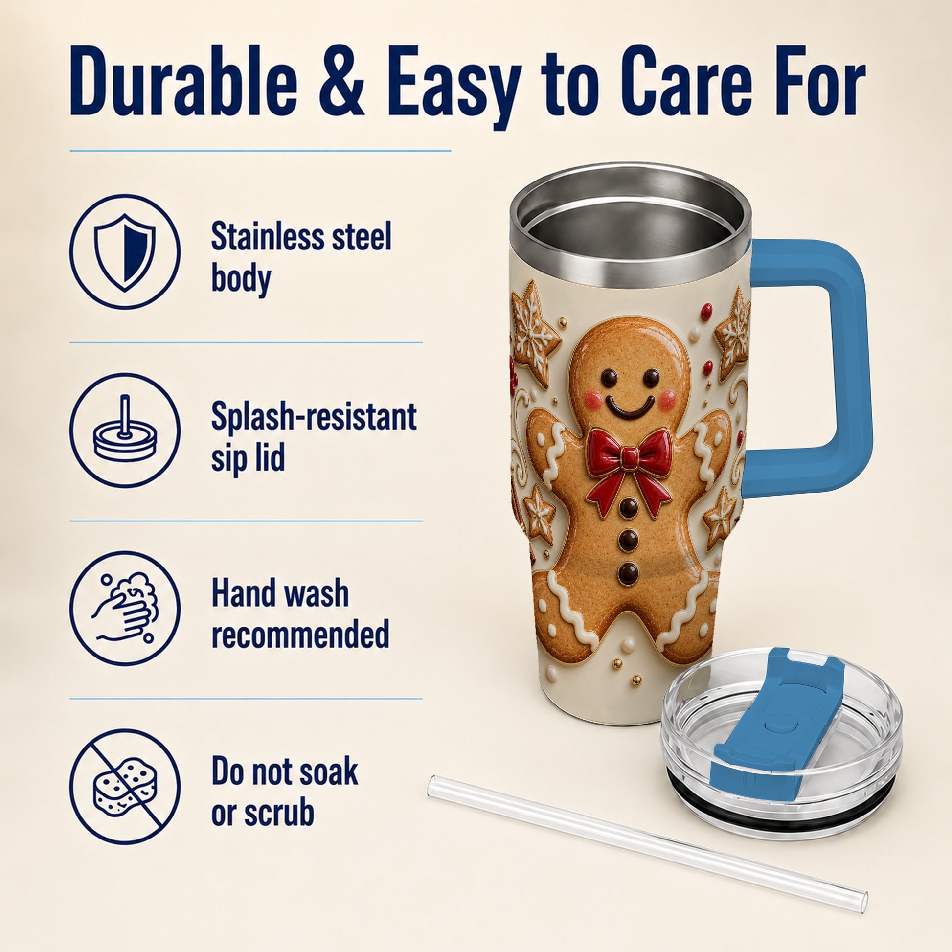 #pl[40oz|Blue] Classic Gingerbread 40oz Tumbler with Handle, Holiday Cookie Design
