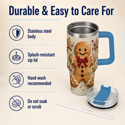 #pl[40oz|Blue] Classic Gingerbread 40oz Tumbler with Handle, Holiday Cookie Design