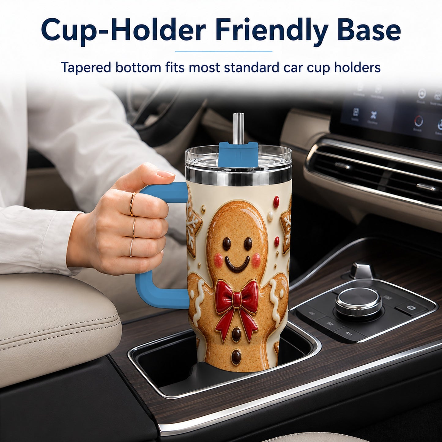 #pl[40oz|Blue] Classic Gingerbread 40oz Tumbler with Handle, Holiday Cookie Design