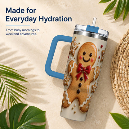 #pl[40oz|Blue] Classic Gingerbread 40oz Tumbler with Handle, Holiday Cookie Design