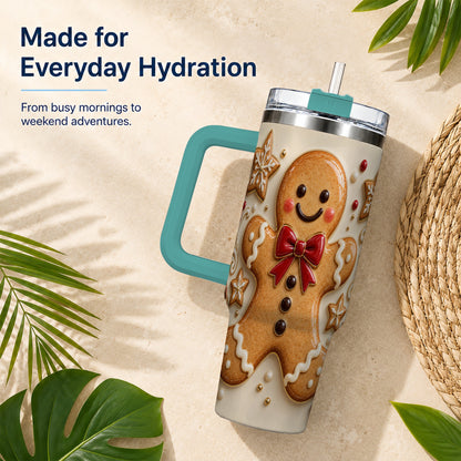 #pl[40oz|Green] Classic Gingerbread 40oz Tumbler with Handle, Holiday Cookie Design