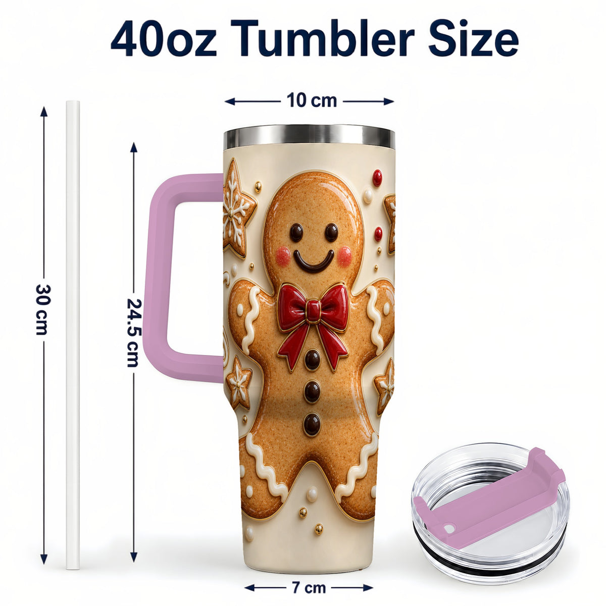 #pl[40oz|Pink] Classic Gingerbread 40oz Tumbler with Handle, Holiday Cookie Design