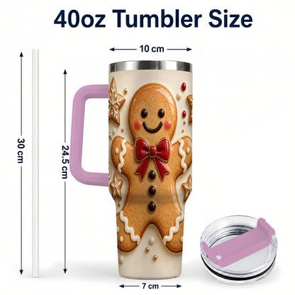 #pl[40oz|Pink] Classic Gingerbread 40oz Tumbler with Handle, Holiday Cookie Design