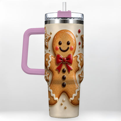 #pl[40oz|Pink] Classic Gingerbread 40oz Tumbler with Handle, Holiday Cookie Design