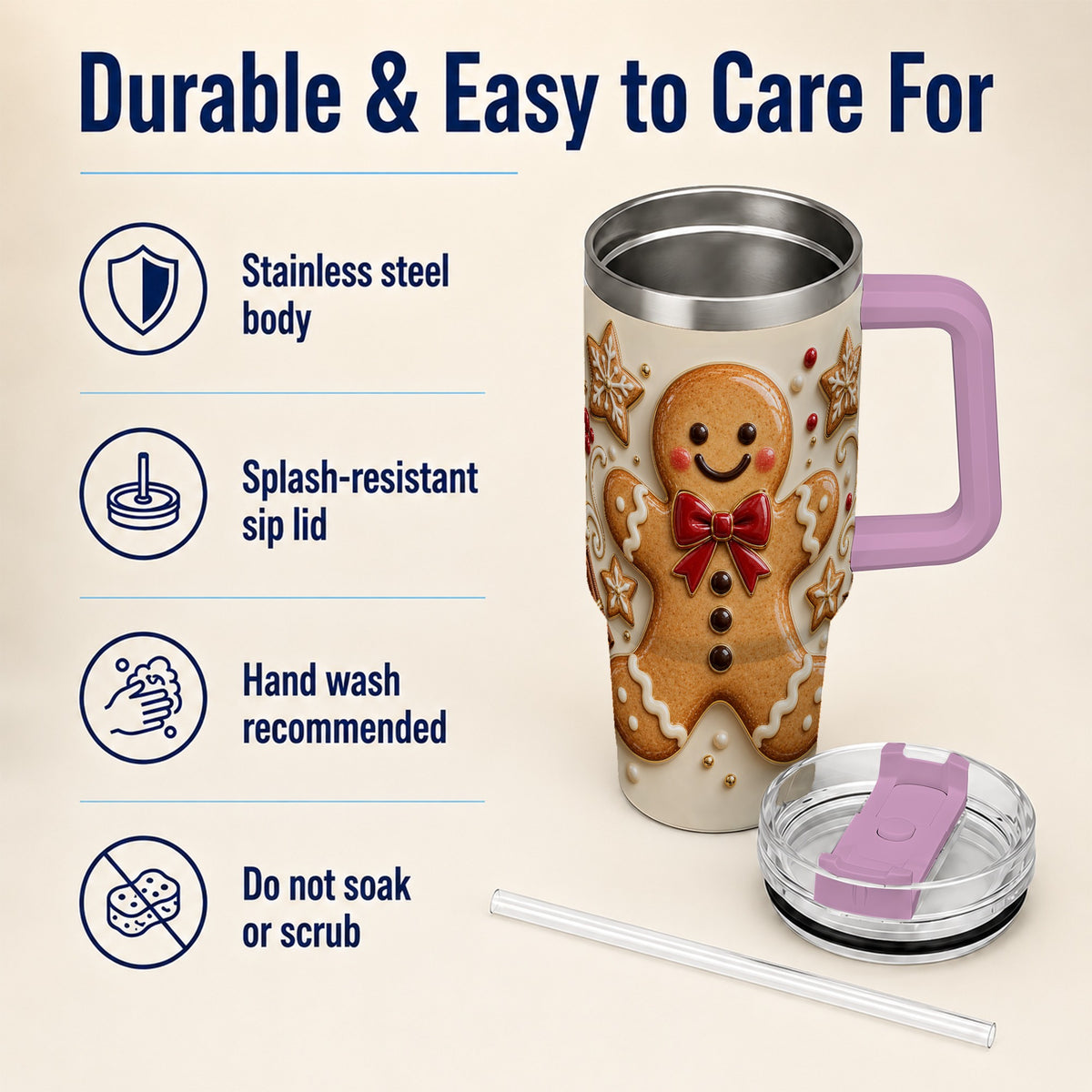 #pl[40oz|Pink] Classic Gingerbread 40oz Tumbler with Handle, Holiday Cookie Design