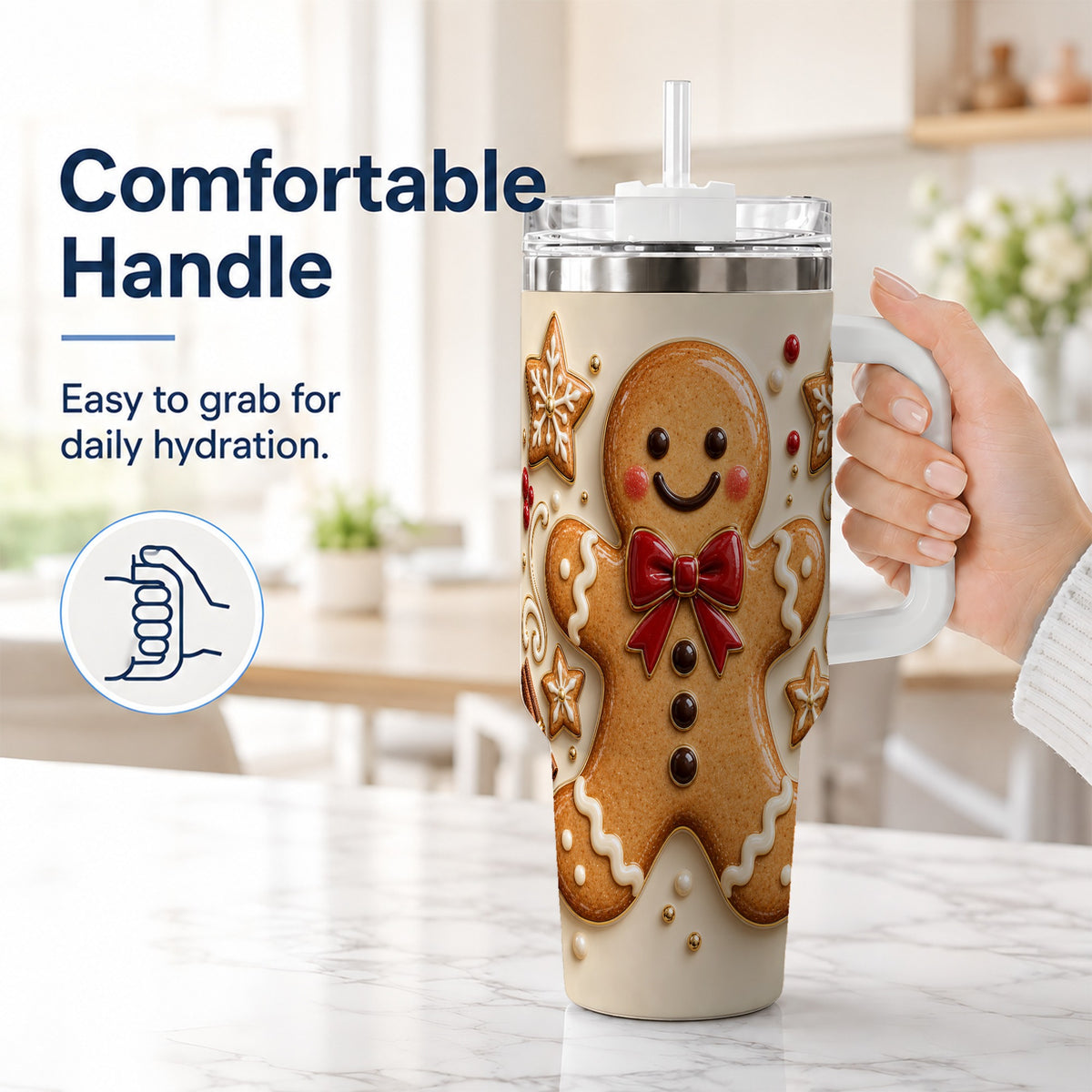 #pl[40oz|White] Classic Gingerbread 40oz Tumbler with Handle, Holiday Cookie Design