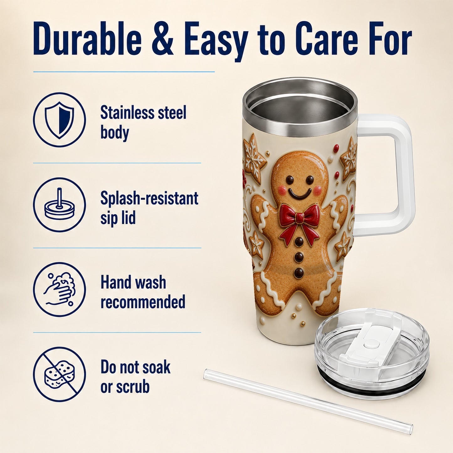 #pl[40oz|White] Classic Gingerbread 40oz Tumbler with Handle, Holiday Cookie Design
