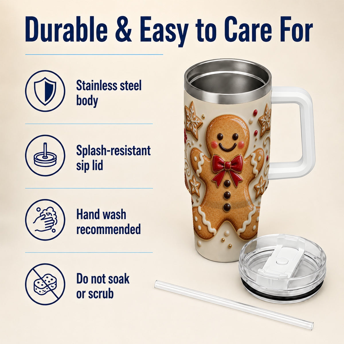 #pl[40oz|White] Classic Gingerbread 40oz Tumbler with Handle, Holiday Cookie Design