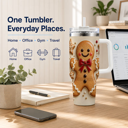 #pl[40oz|White] Classic Gingerbread 40oz Tumbler with Handle, Holiday Cookie Design