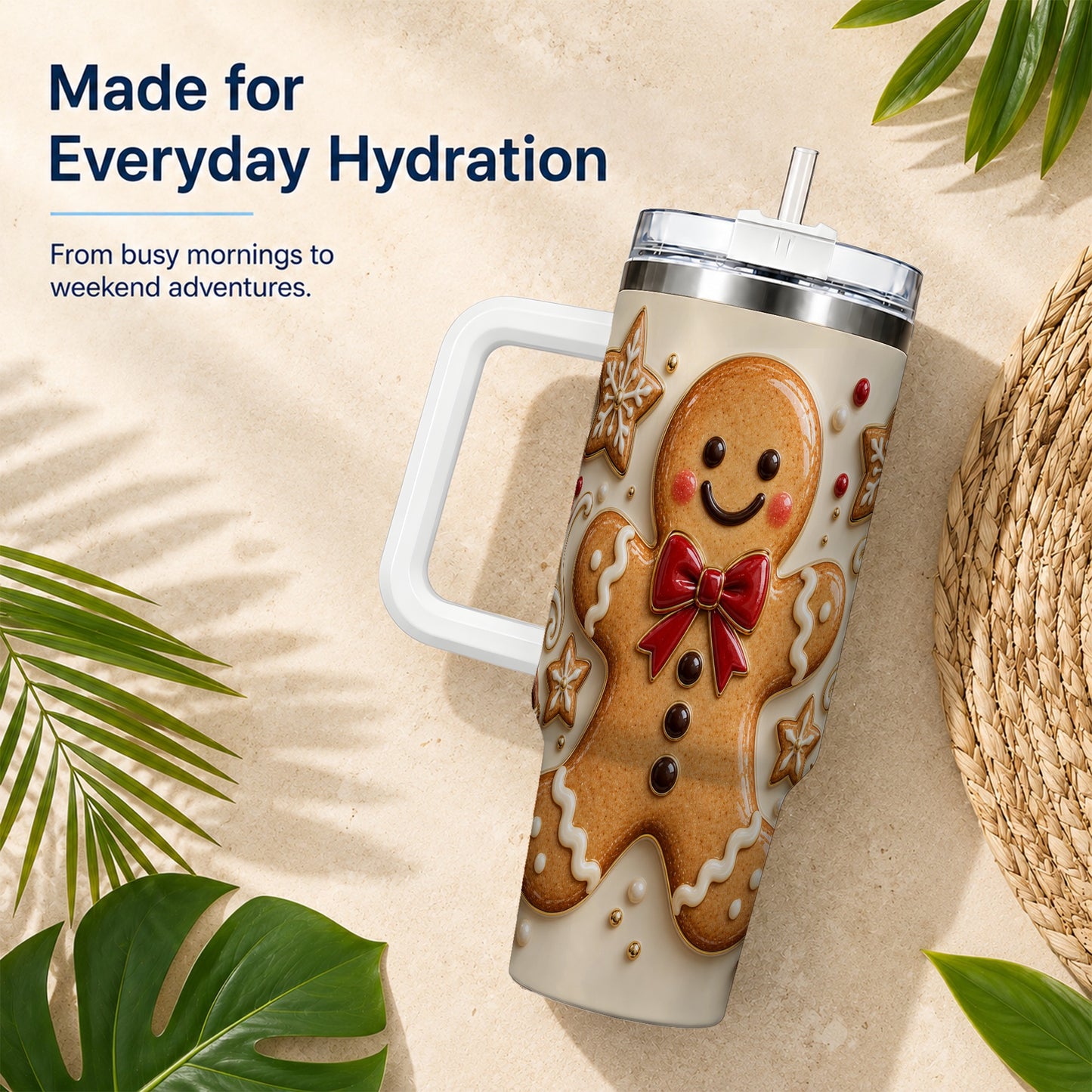 #pl[40oz|White] Classic Gingerbread 40oz Tumbler with Handle, Holiday Cookie Design