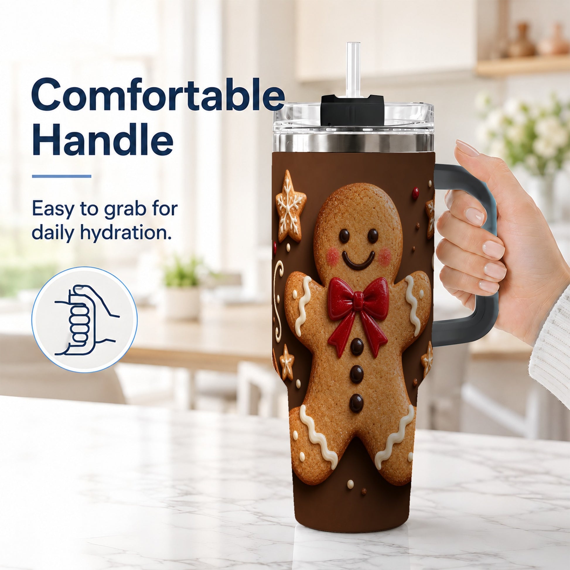 #pl[40oz|Black] Gingerbread Man 40oz Tumbler with Handle, Christmas Holiday Travel Cup