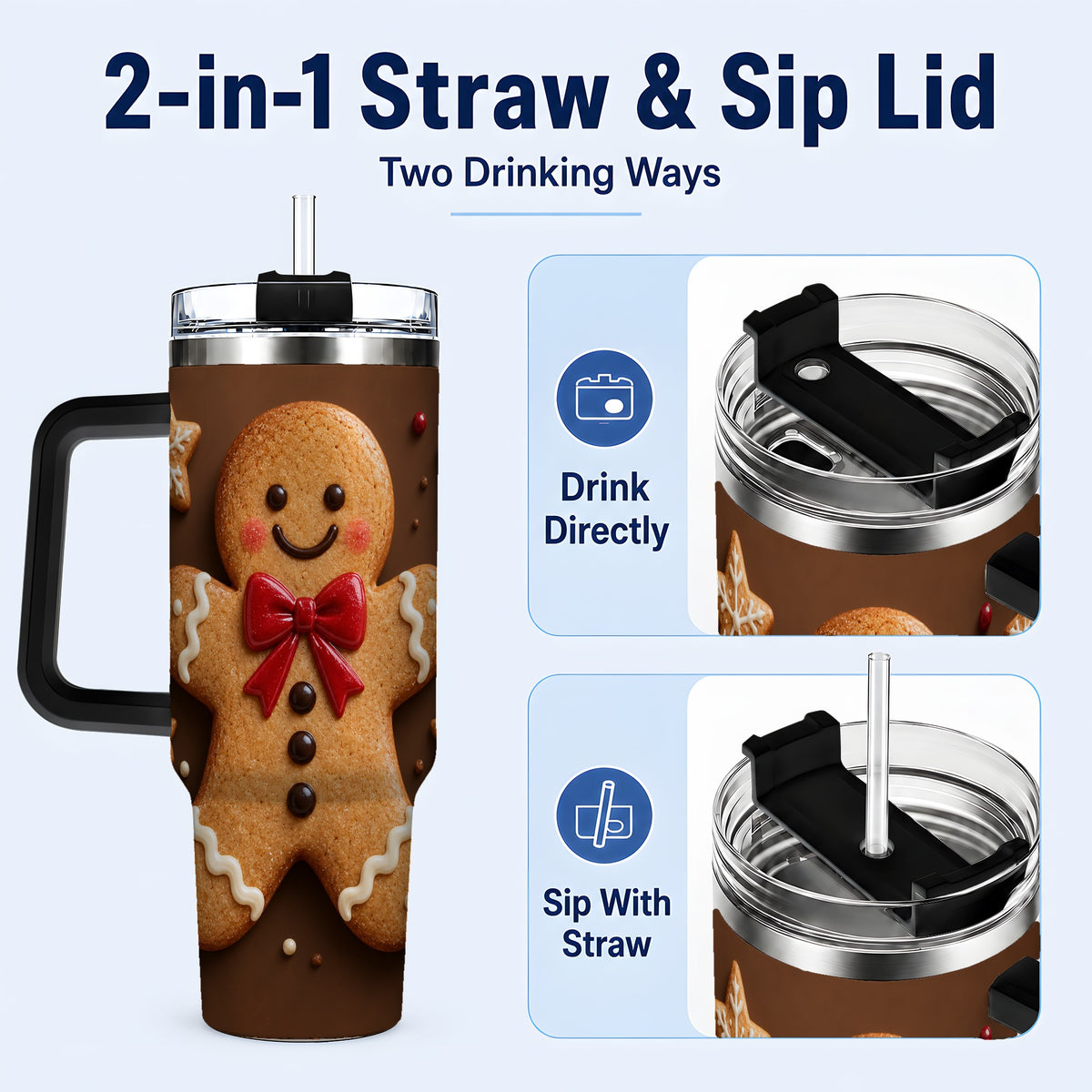 #pl[40oz|Black] Gingerbread Man 40oz Tumbler with Handle, Christmas Holiday Travel Cup