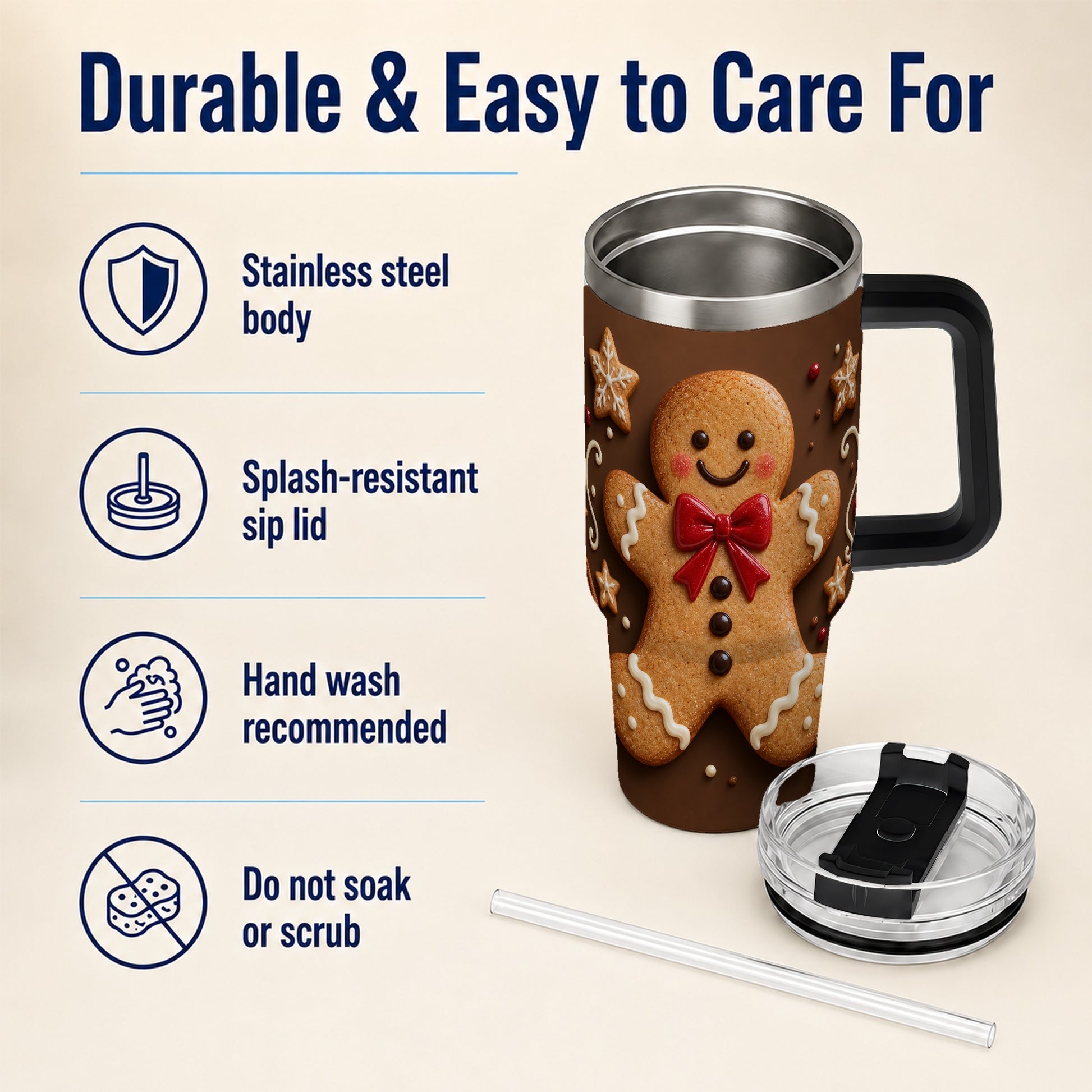 #pl[40oz|Black] Gingerbread Man 40oz Tumbler with Handle, Christmas Holiday Travel Cup