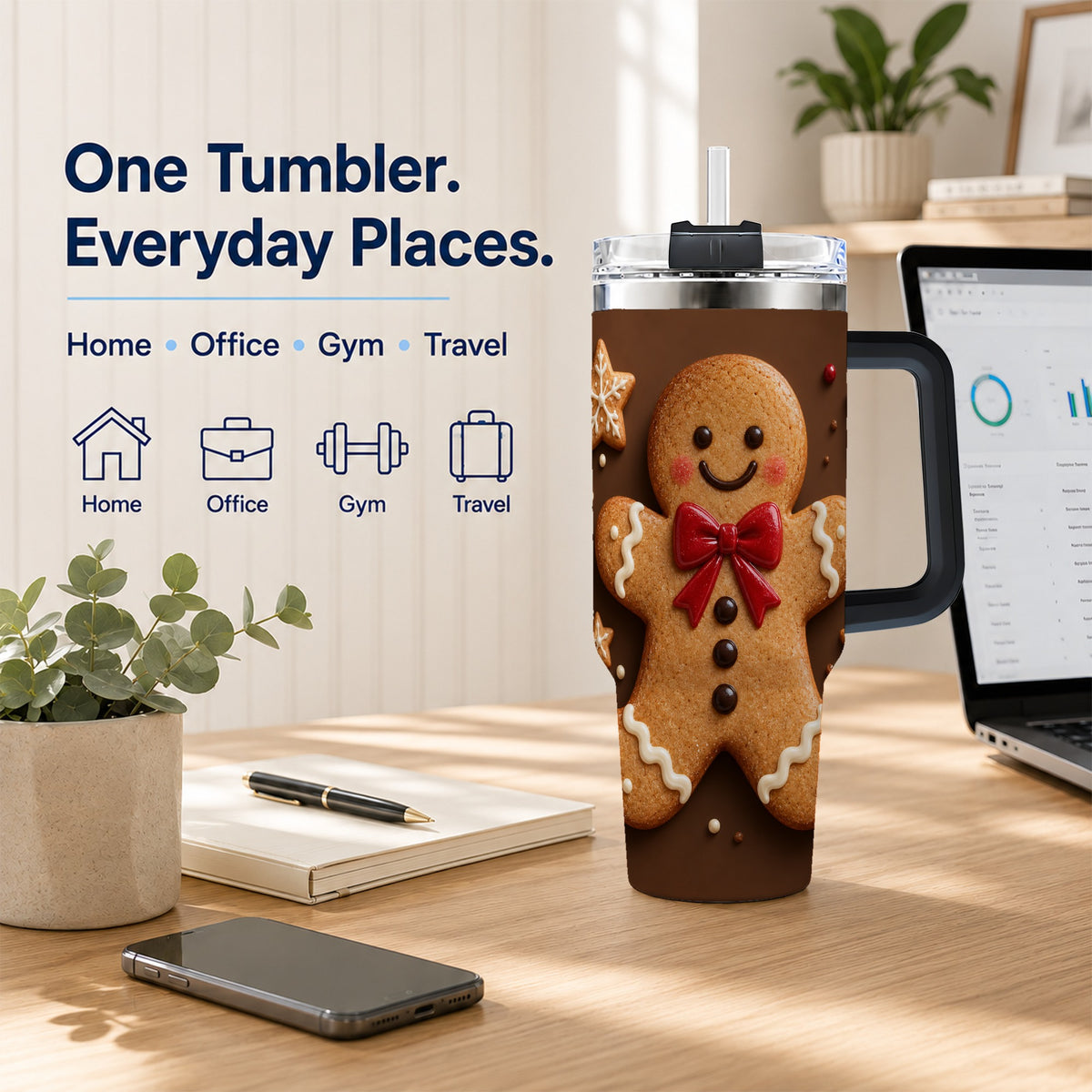 #pl[40oz|Black] Gingerbread Man 40oz Tumbler with Handle, Christmas Holiday Travel Cup