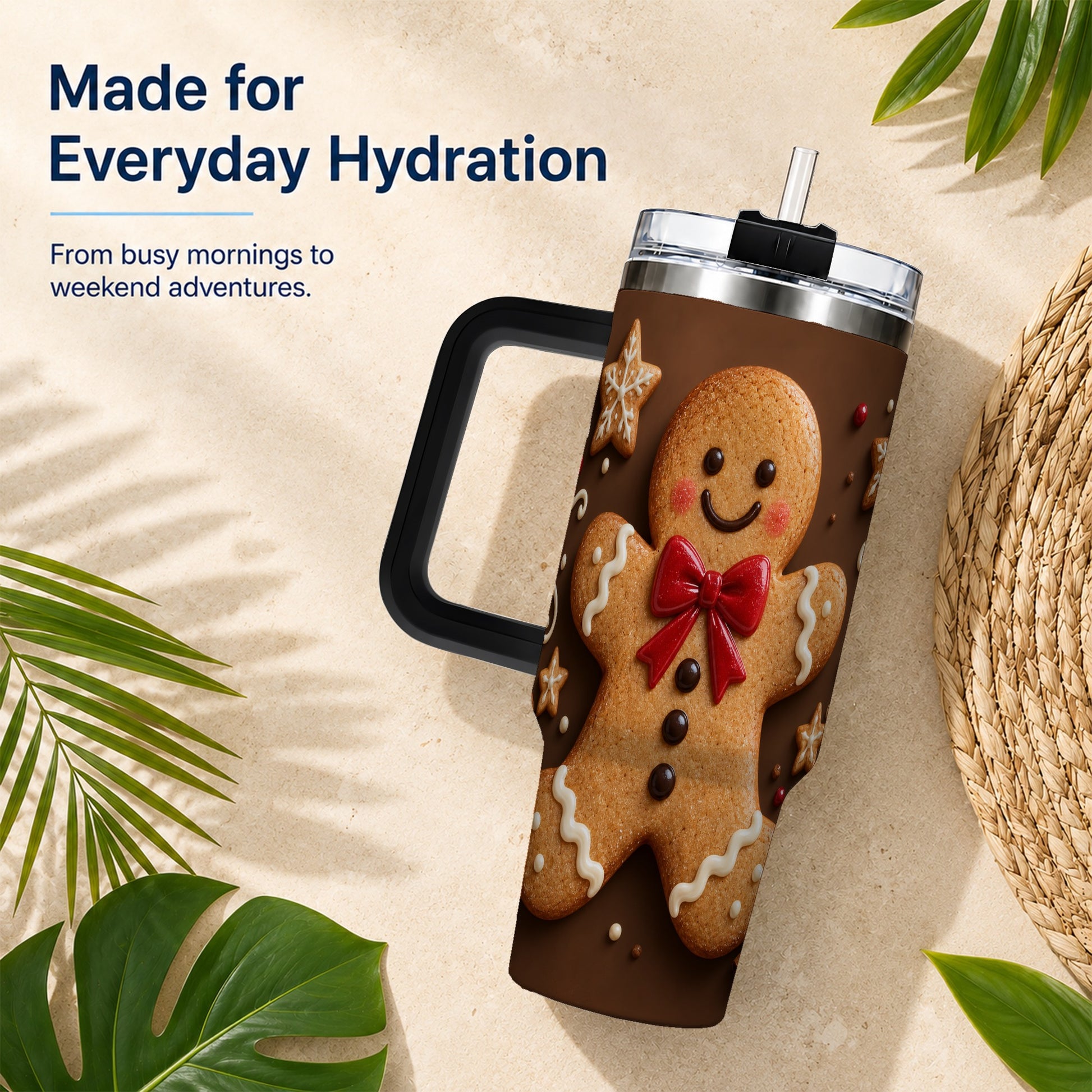 #pl[40oz|Black] Gingerbread Man 40oz Tumbler with Handle, Christmas Holiday Travel Cup