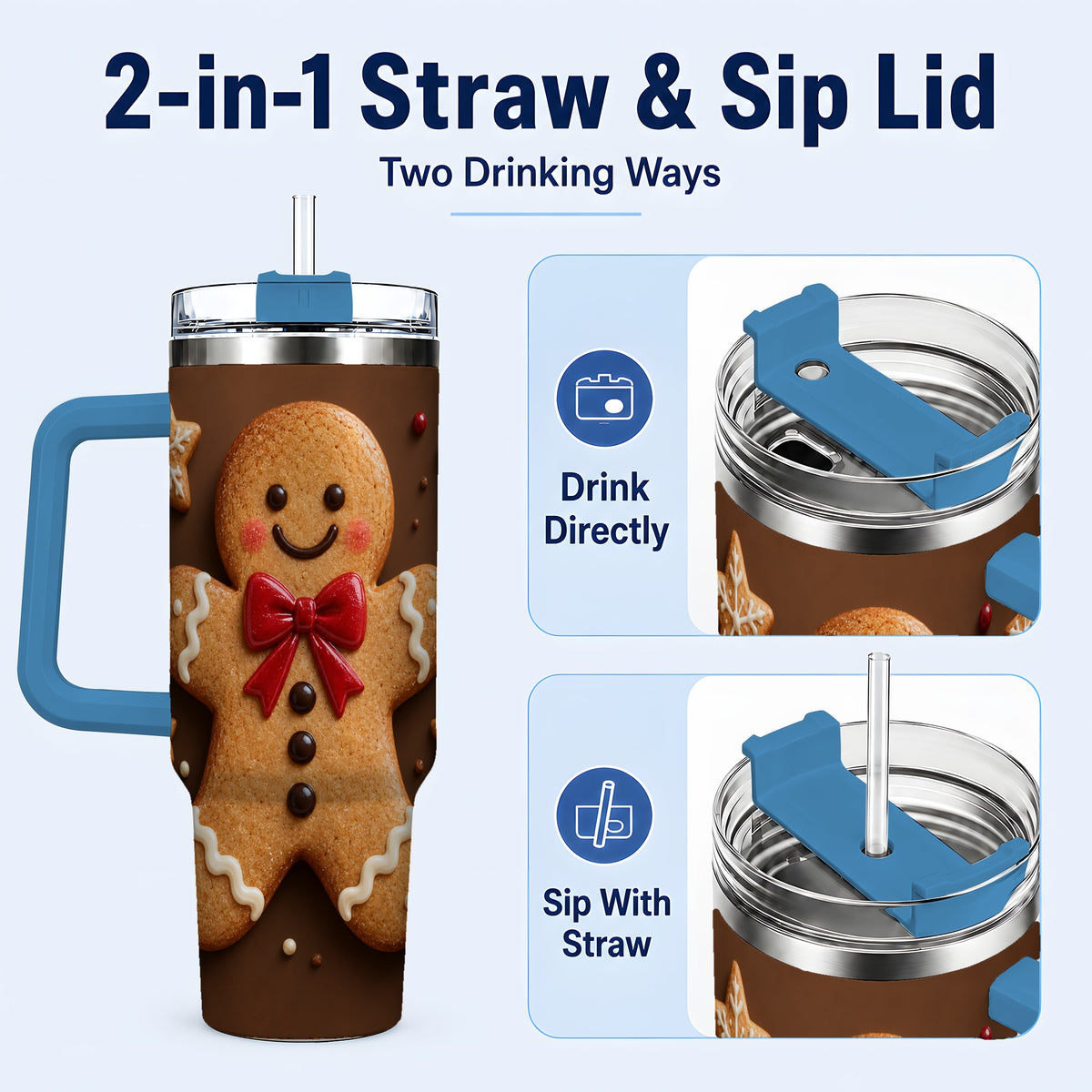 #pl[40oz|Blue] Gingerbread Man 40oz Tumbler with Handle, Christmas Holiday Travel Cup
