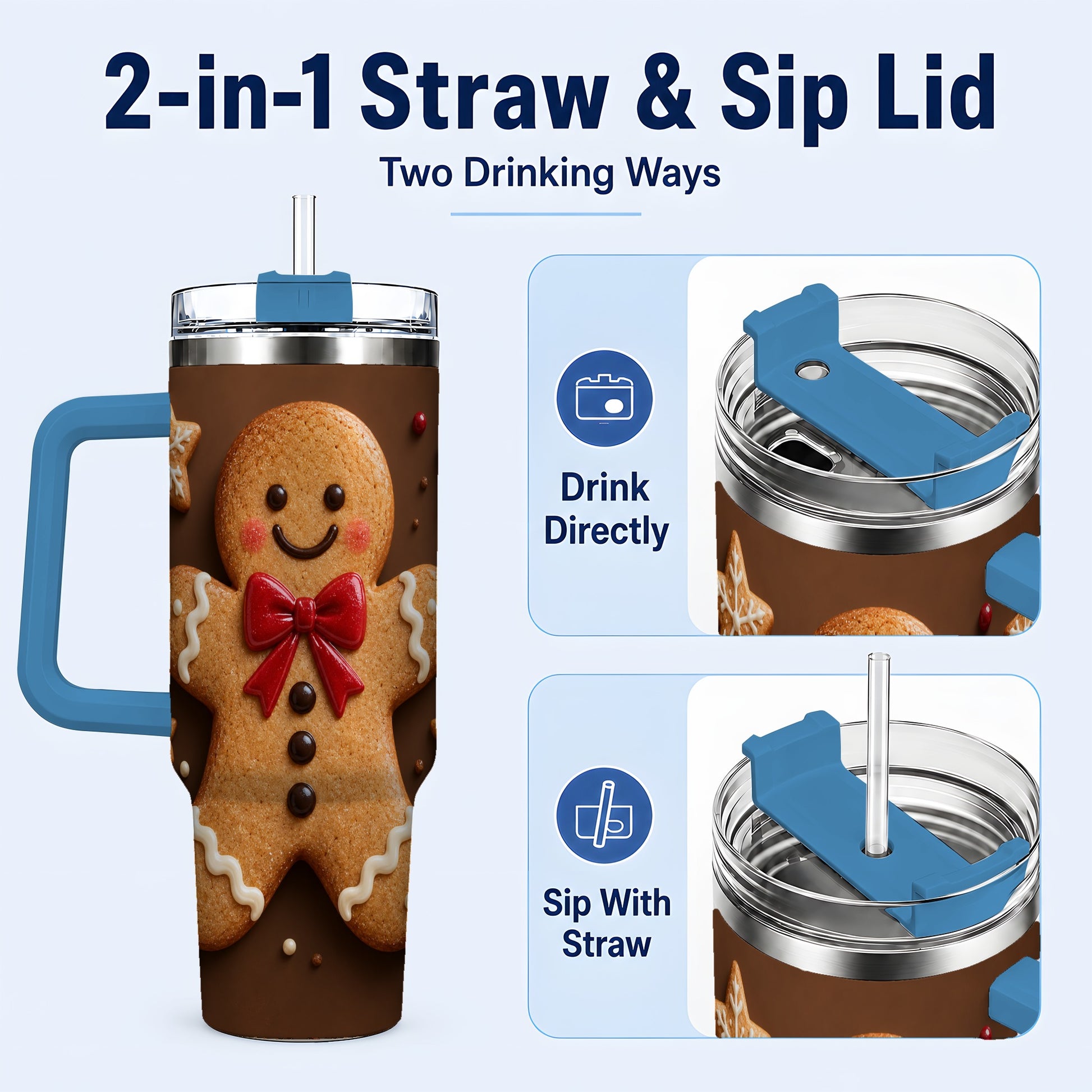 #pl[40oz|Blue] Gingerbread Man 40oz Tumbler with Handle, Christmas Holiday Travel Cup