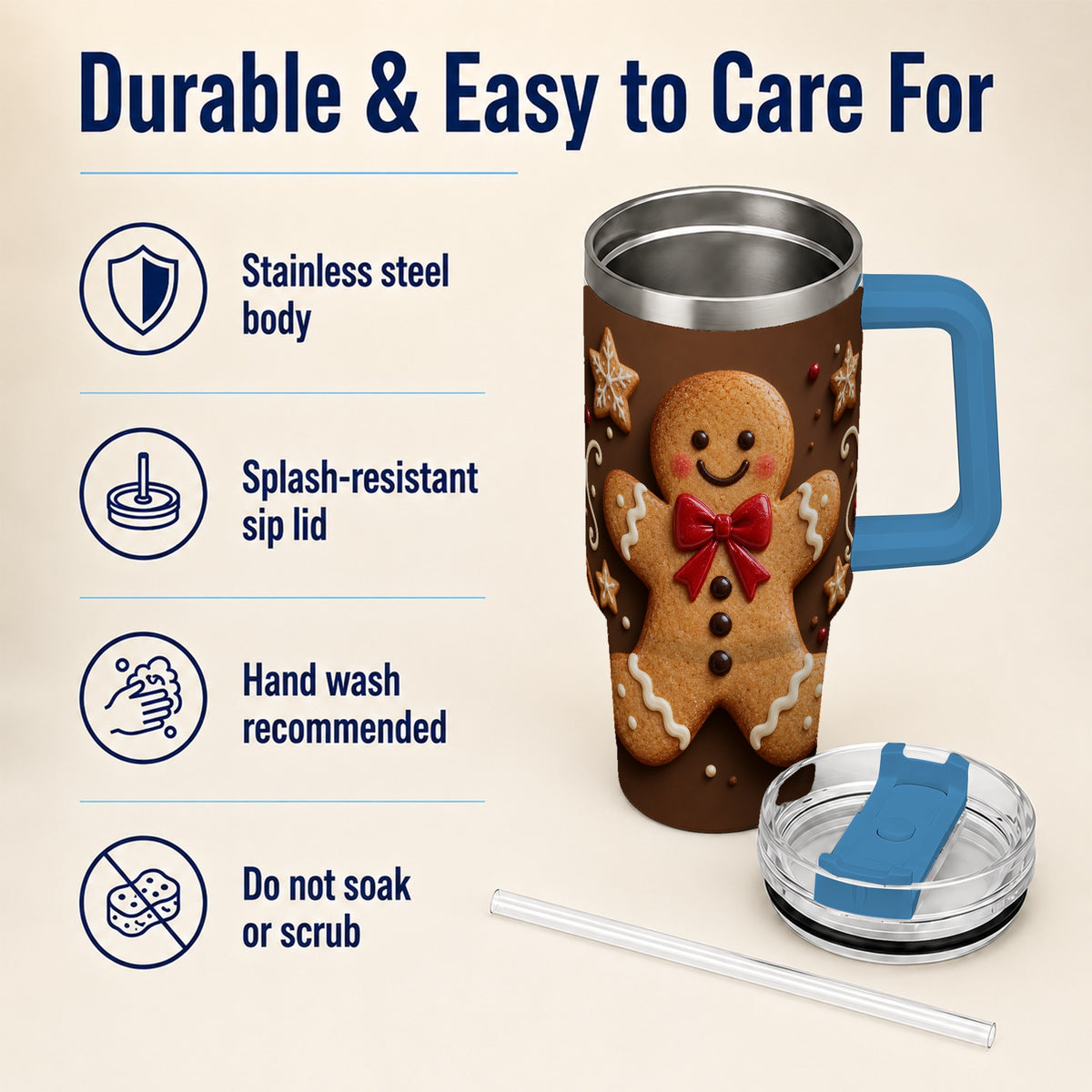 #pl[40oz|Blue] Gingerbread Man 40oz Tumbler with Handle, Christmas Holiday Travel Cup
