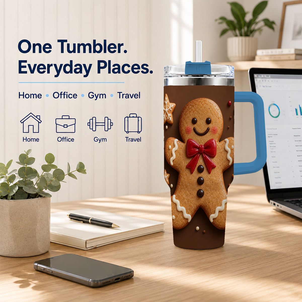 #pl[40oz|Blue] Gingerbread Man 40oz Tumbler with Handle, Christmas Holiday Travel Cup