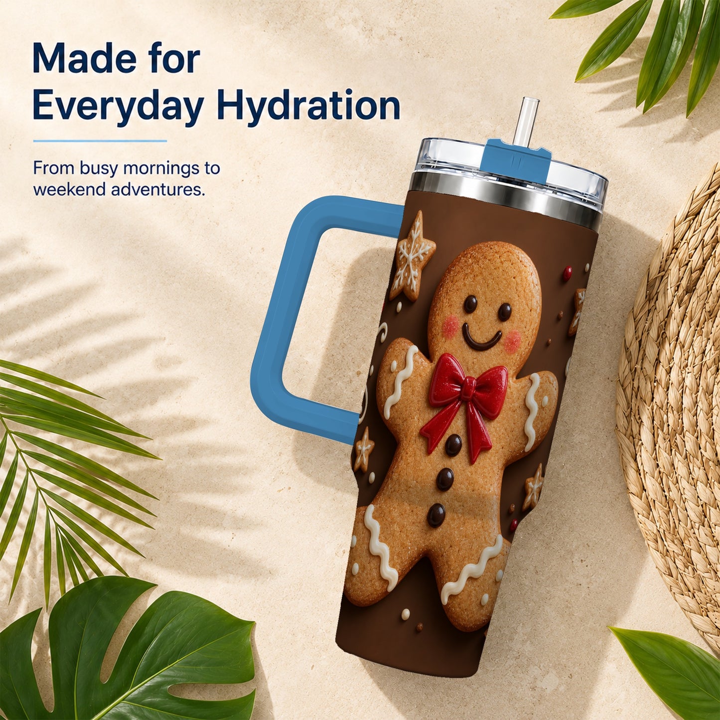 #pl[40oz|Blue] Gingerbread Man 40oz Tumbler with Handle, Christmas Holiday Travel Cup