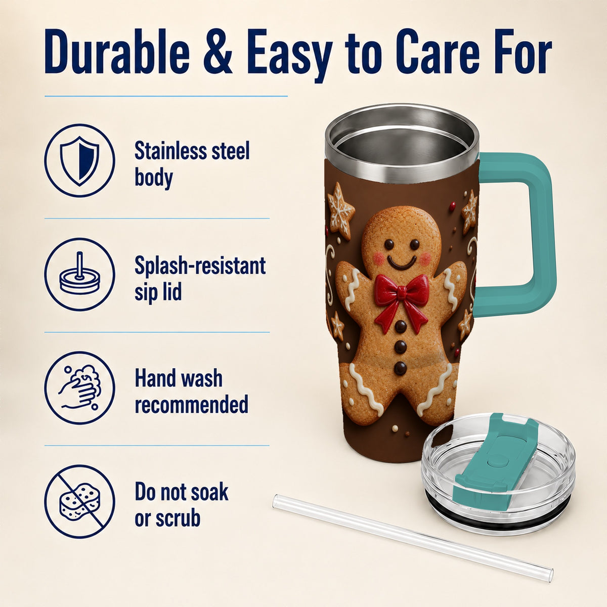 #pl[40oz|Green] Gingerbread Man 40oz Tumbler with Handle, Christmas Holiday Travel Cup