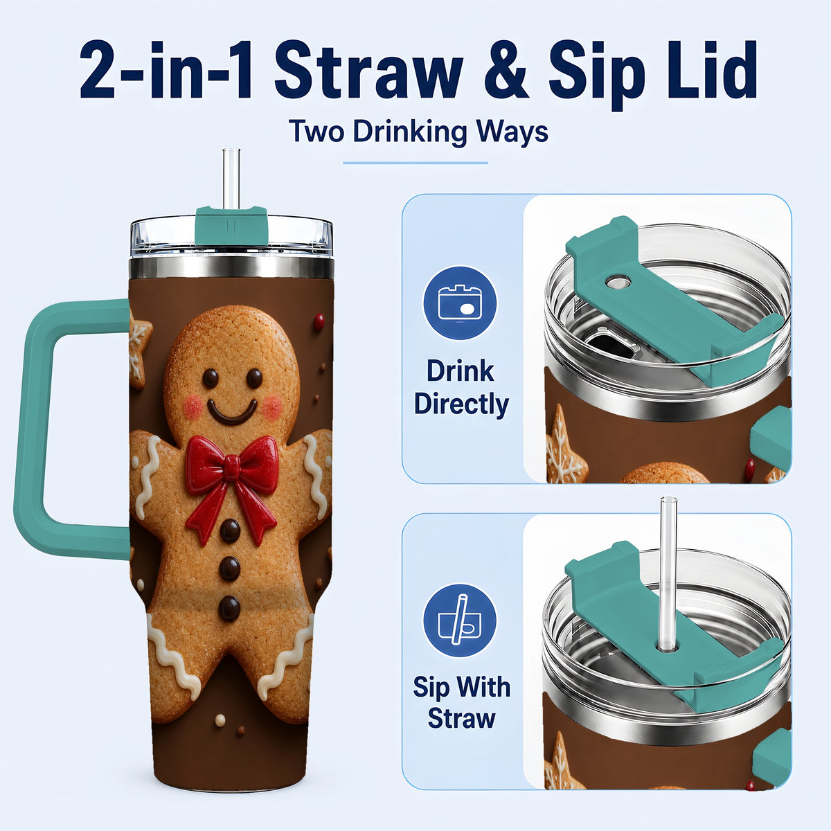 #pl[40oz|Green] Gingerbread Man 40oz Tumbler with Handle, Christmas Holiday Travel Cup