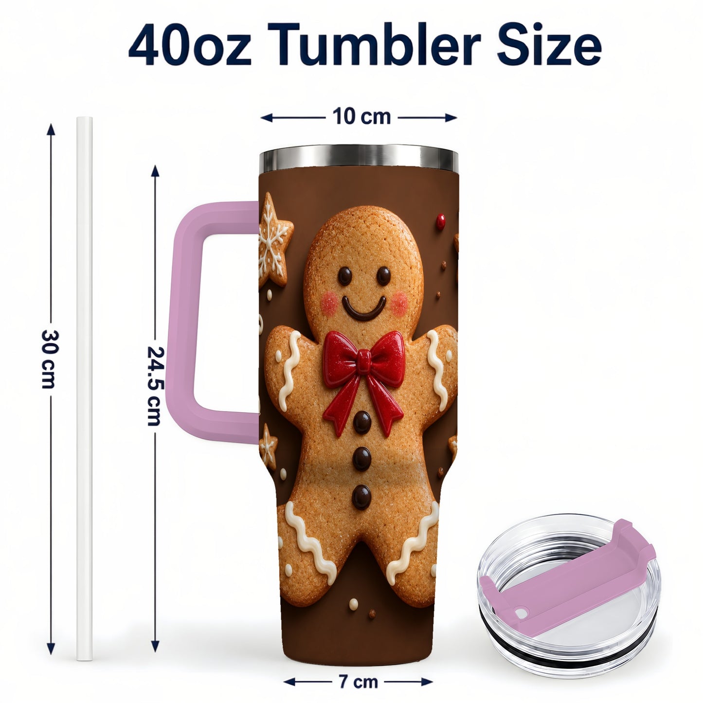 #pl[40oz|Pink] Gingerbread Man 40oz Tumbler with Handle, Christmas Holiday Travel Cup