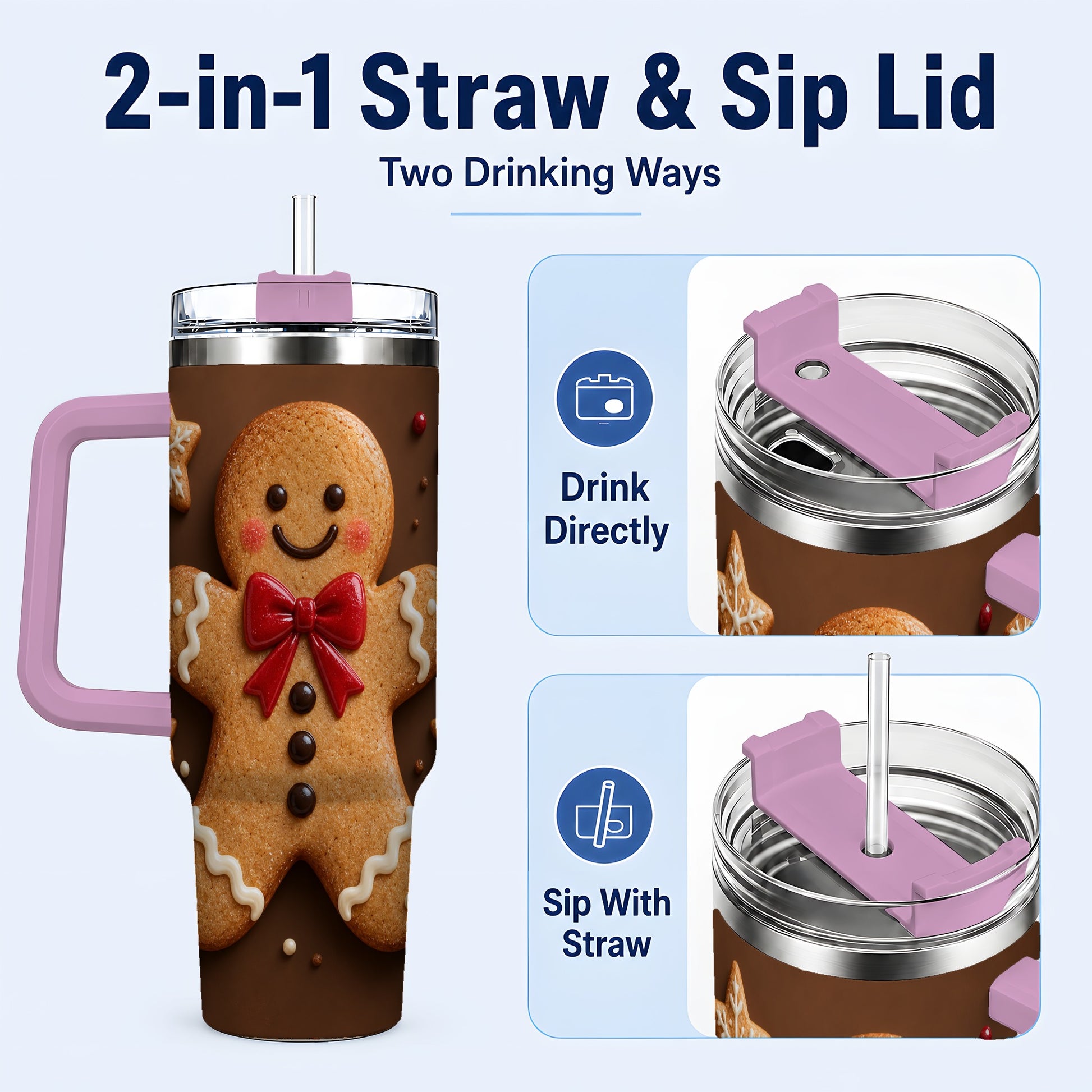 #pl[40oz|Pink] Gingerbread Man 40oz Tumbler with Handle, Christmas Holiday Travel Cup