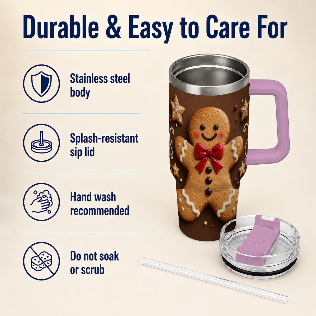 #pl[40oz|Pink] Gingerbread Man 40oz Tumbler with Handle, Christmas Holiday Travel Cup