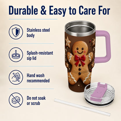 #pl[40oz|Pink] Gingerbread Man 40oz Tumbler with Handle, Christmas Holiday Travel Cup