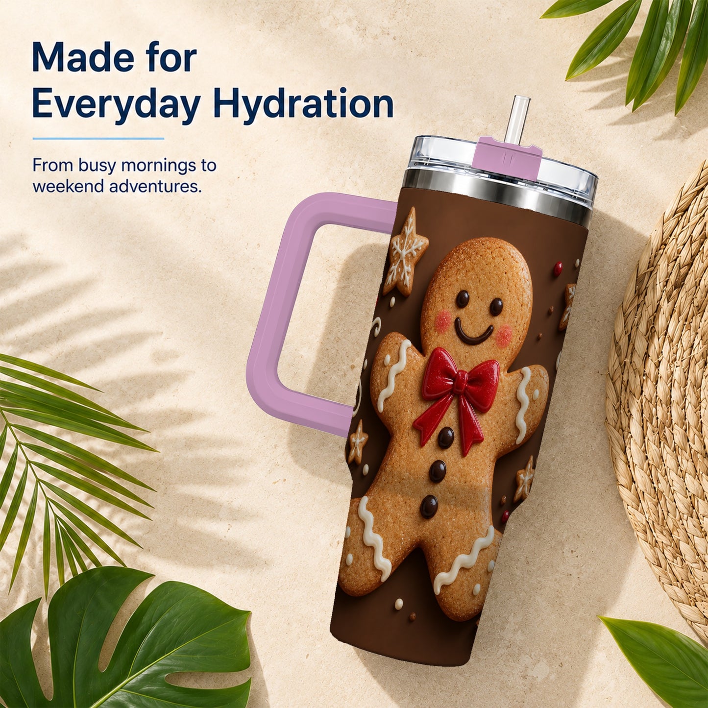 #pl[40oz|Pink] Gingerbread Man 40oz Tumbler with Handle, Christmas Holiday Travel Cup