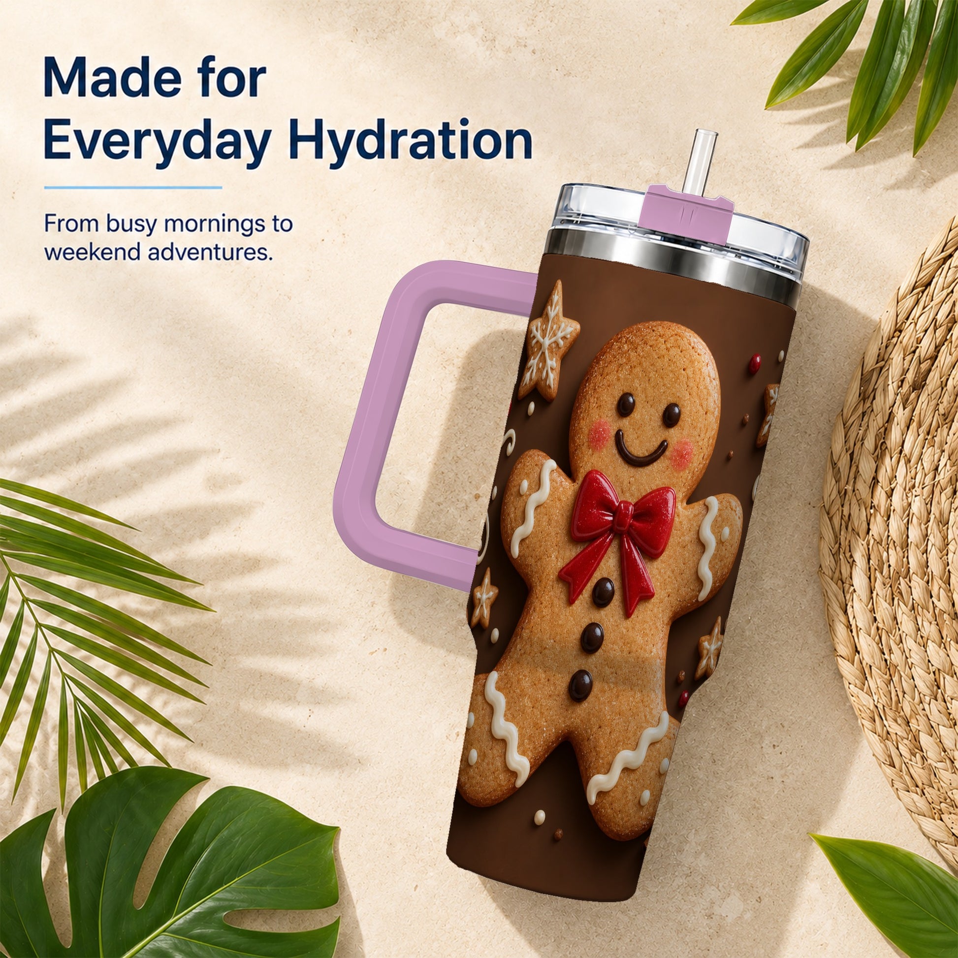 #pl[40oz|Pink] Gingerbread Man 40oz Tumbler with Handle, Christmas Holiday Travel Cup