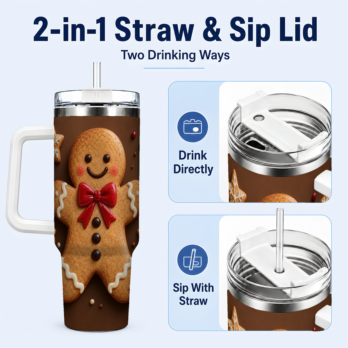#pl[40oz|White] Gingerbread Man 40oz Tumbler with Handle, Christmas Holiday Travel Cup