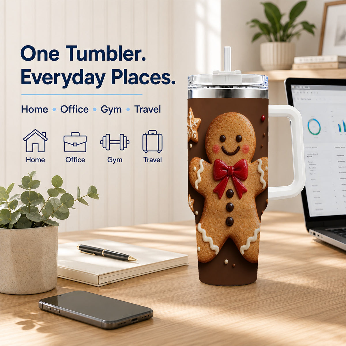 #pl[40oz|White] Gingerbread Man 40oz Tumbler with Handle, Christmas Holiday Travel Cup