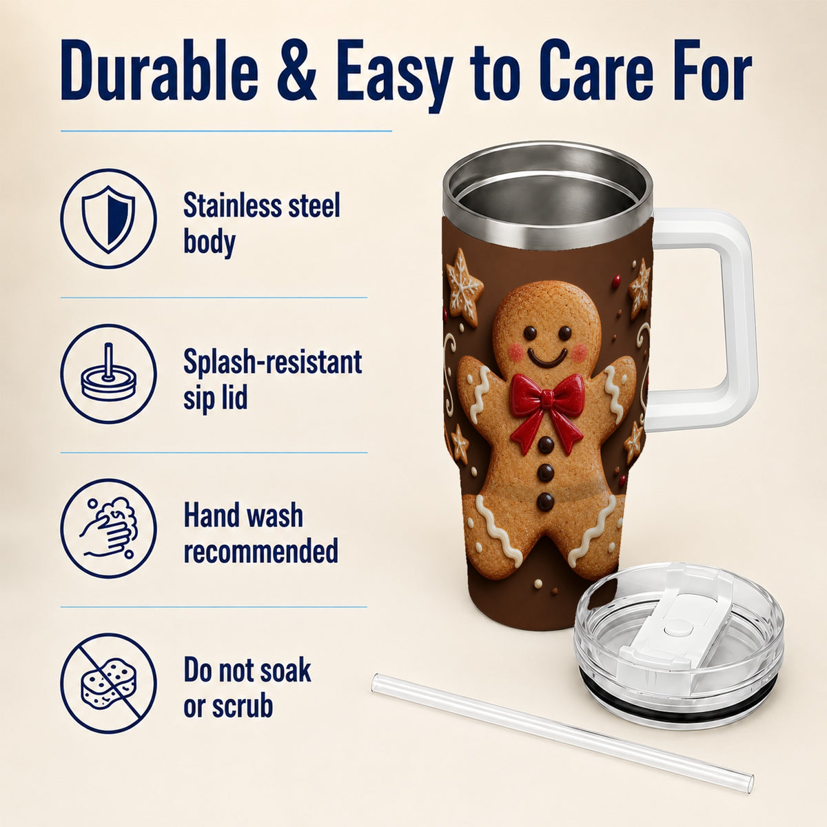 #pl[40oz|White] Gingerbread Man 40oz Tumbler with Handle, Christmas Holiday Travel Cup