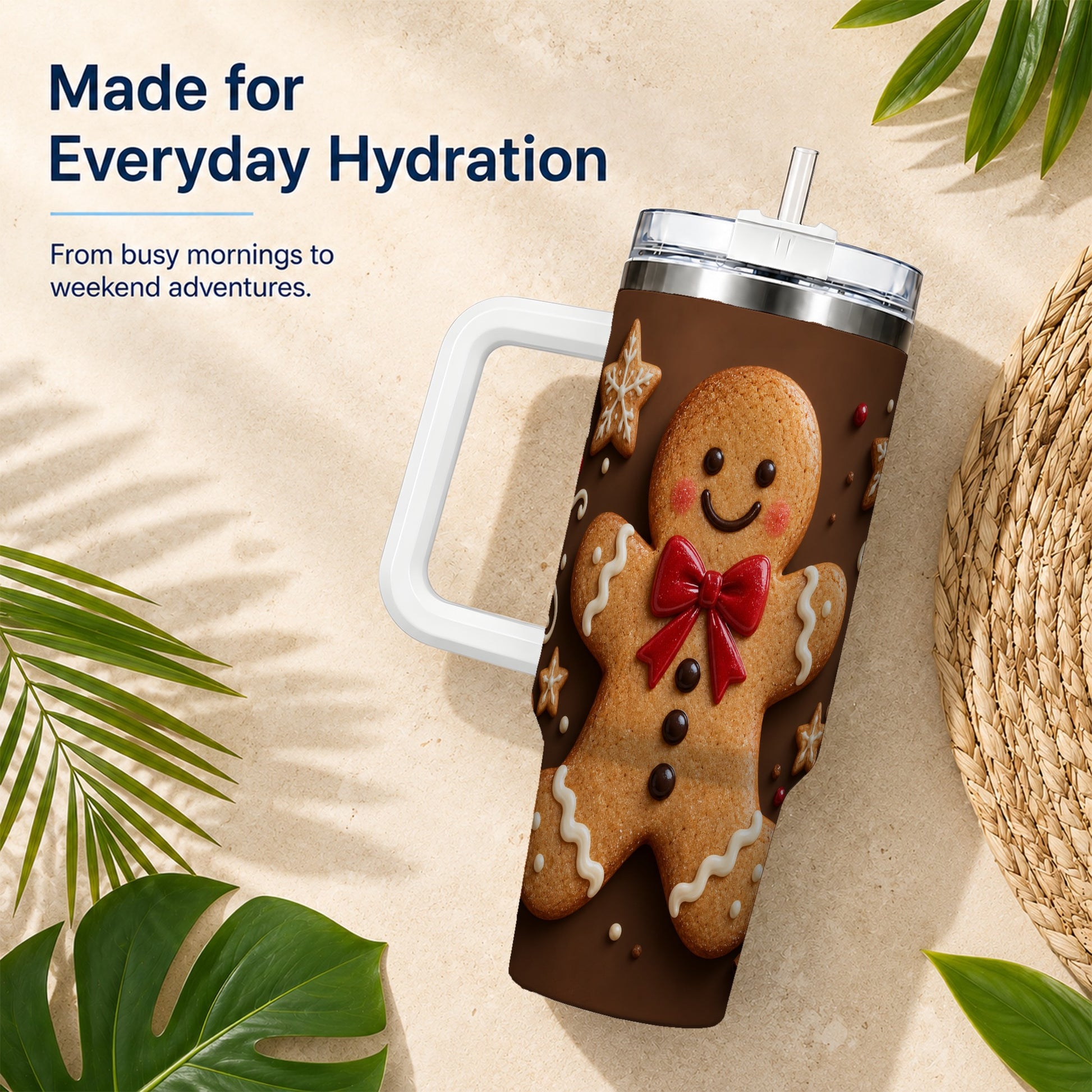 #pl[40oz|White] Gingerbread Man 40oz Tumbler with Handle, Christmas Holiday Travel Cup