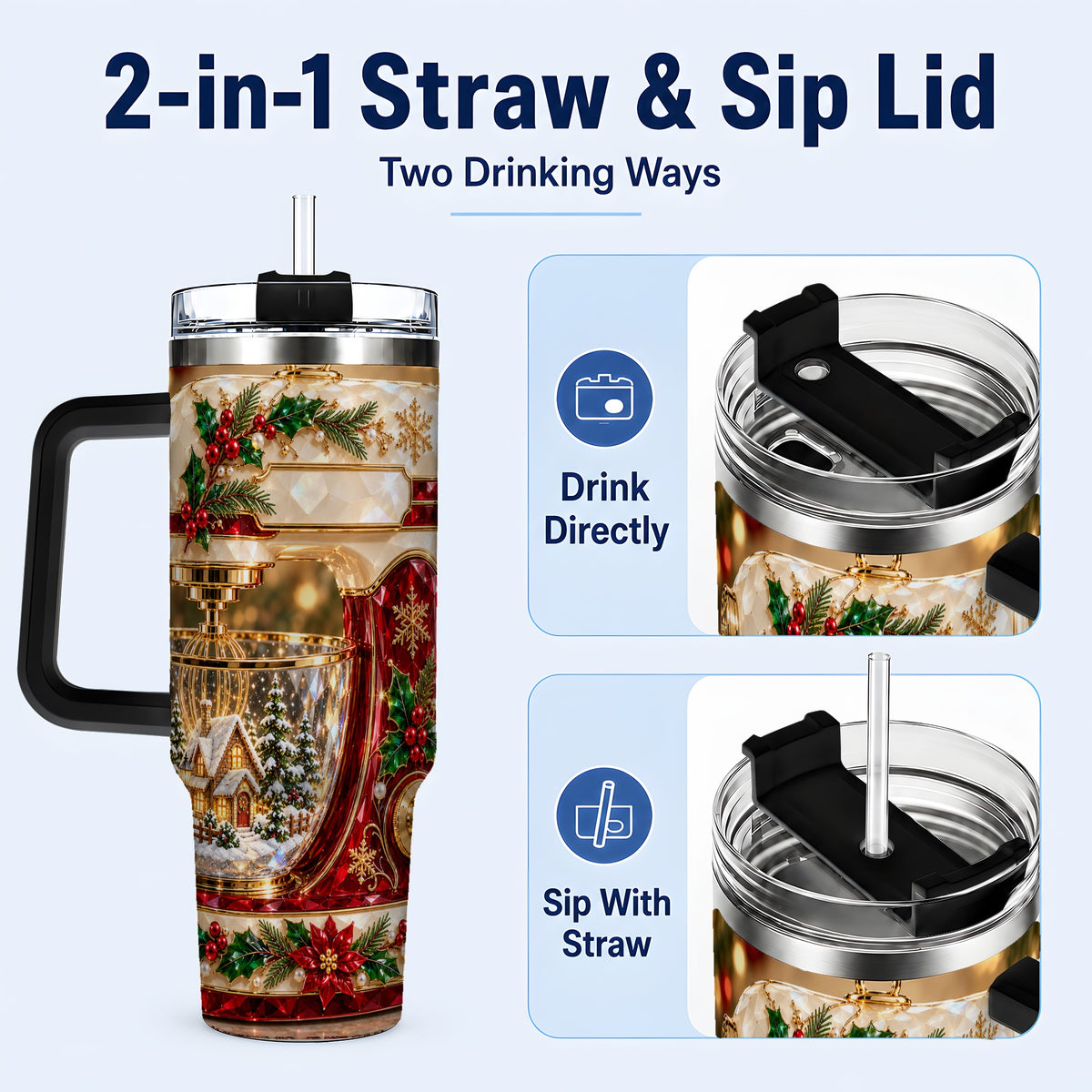 #pl[40oz|Black] Christmas Mixer 40oz Tumbler with Handle, Holiday Baking Travel Cup
