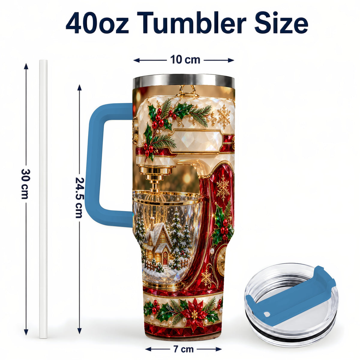 #pl[40oz|Blue] Christmas Mixer 40oz Tumbler with Handle, Holiday Baking Travel Cup