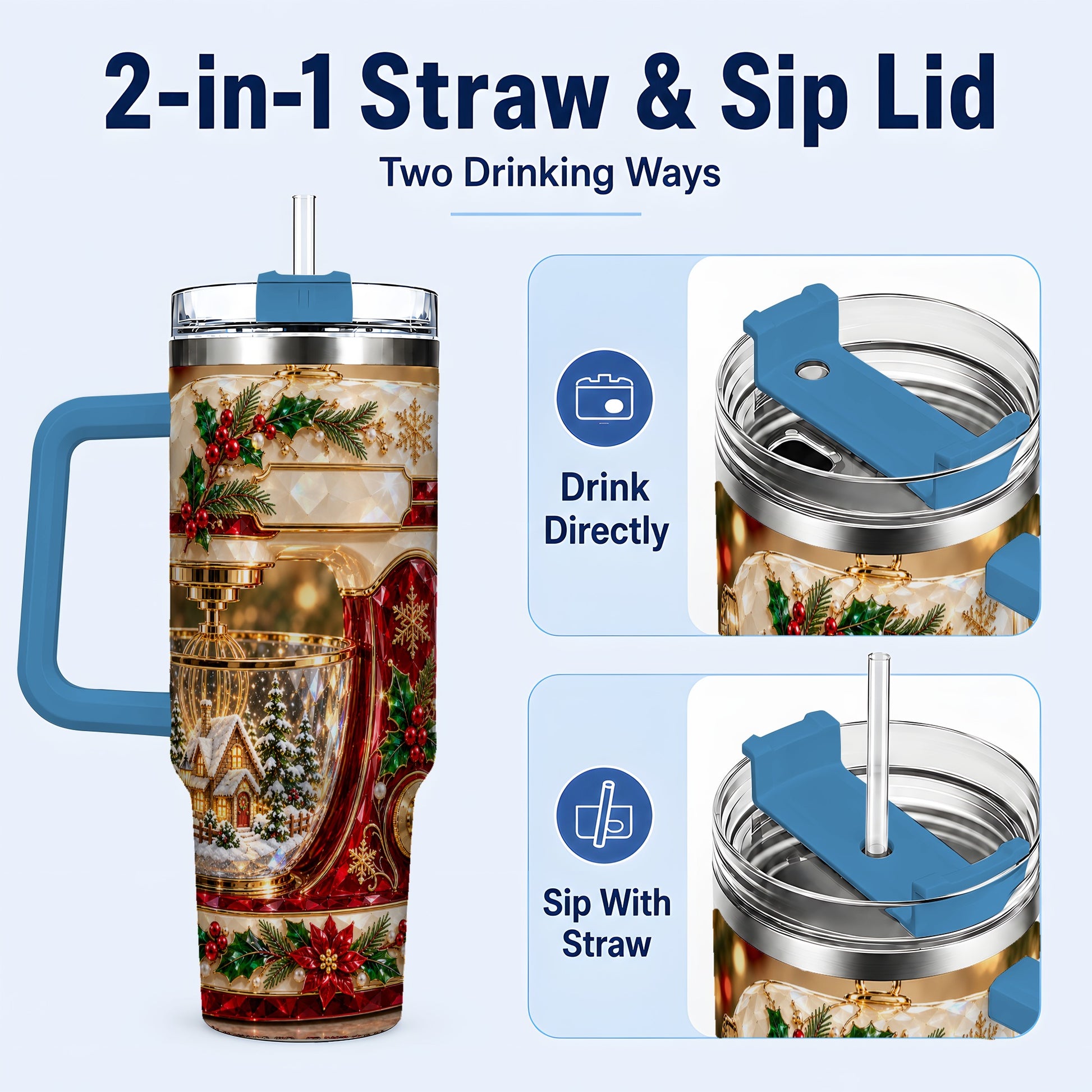 #pl[40oz|Blue] Christmas Mixer 40oz Tumbler with Handle, Holiday Baking Travel Cup