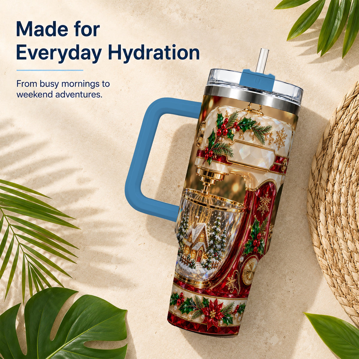 #pl[40oz|Blue] Christmas Mixer 40oz Tumbler with Handle, Holiday Baking Travel Cup
