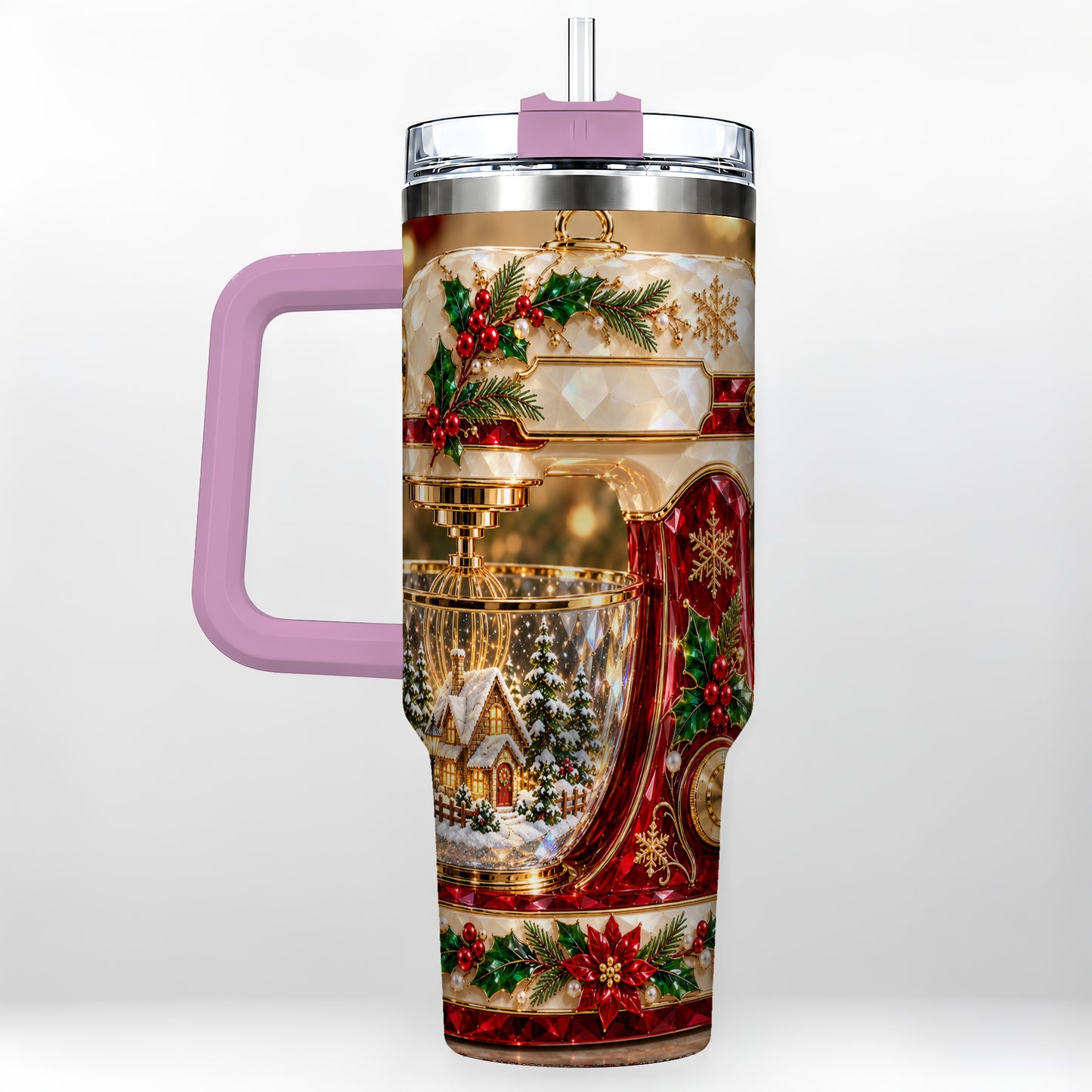 #pl[40oz|Pink] Christmas Mixer 40oz Tumbler with Handle, Holiday Baking Travel Cup