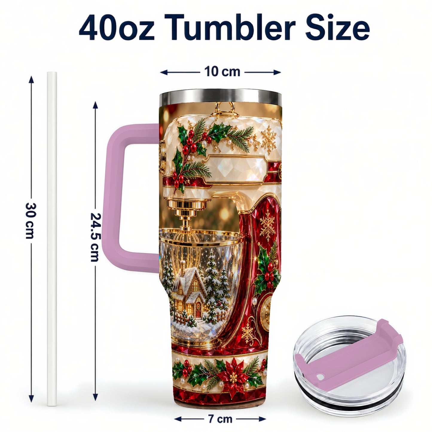 #pl[40oz|Pink] Christmas Mixer 40oz Tumbler with Handle, Holiday Baking Travel Cup