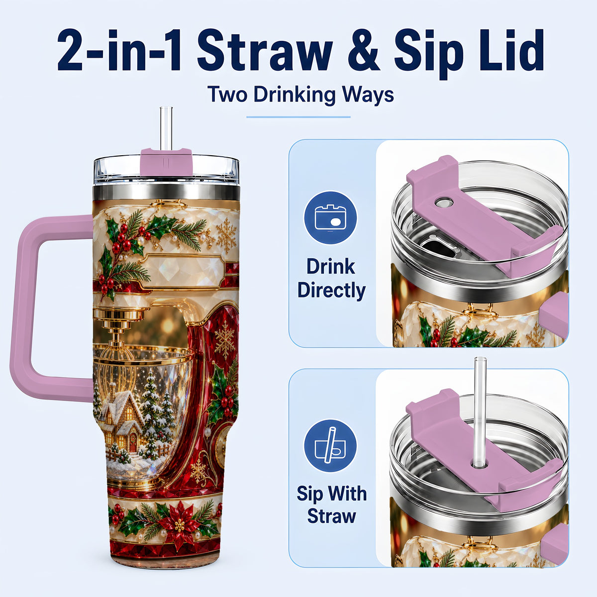 #pl[40oz|Pink] Christmas Mixer 40oz Tumbler with Handle, Holiday Baking Travel Cup