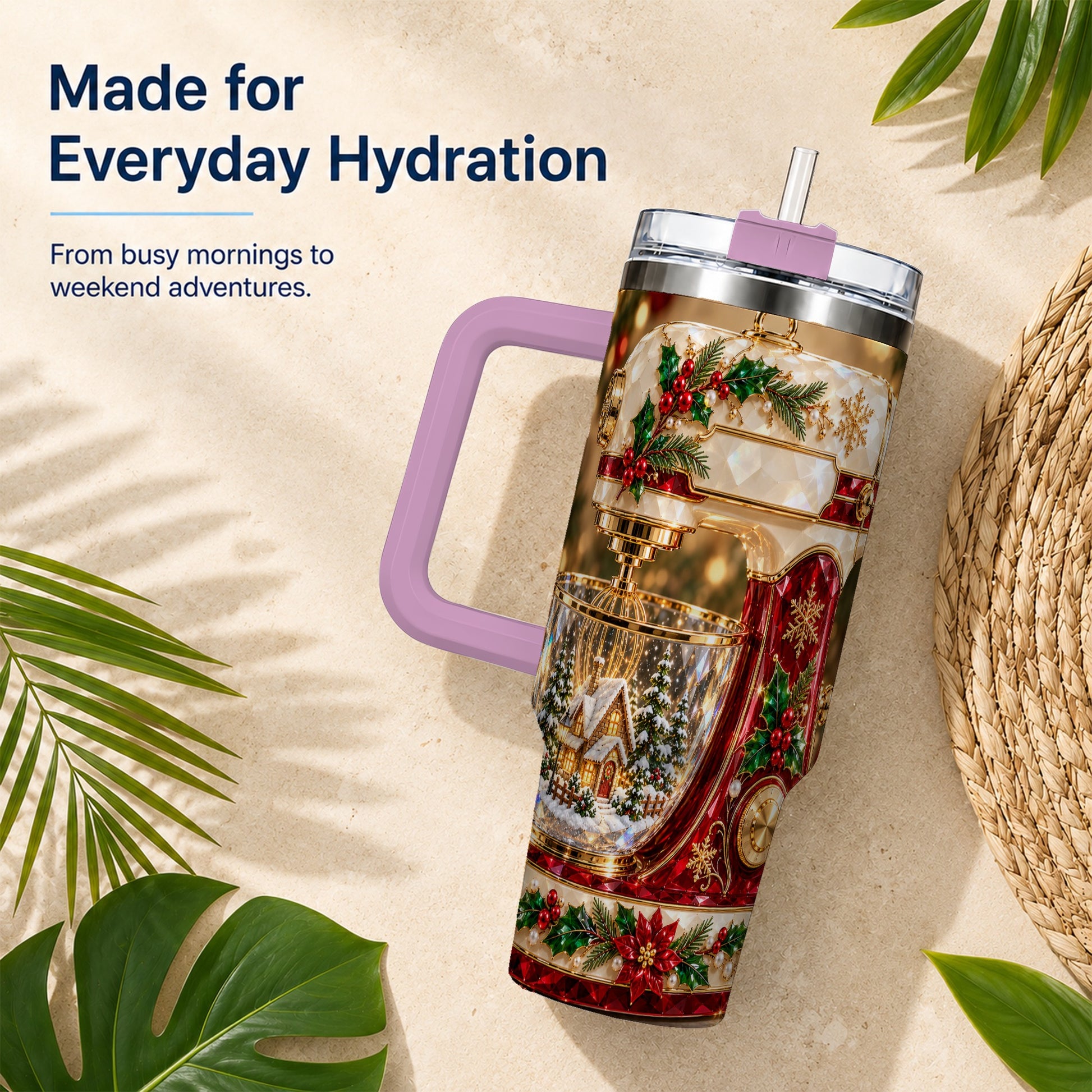 #pl[40oz|Pink] Christmas Mixer 40oz Tumbler with Handle, Holiday Baking Travel Cup